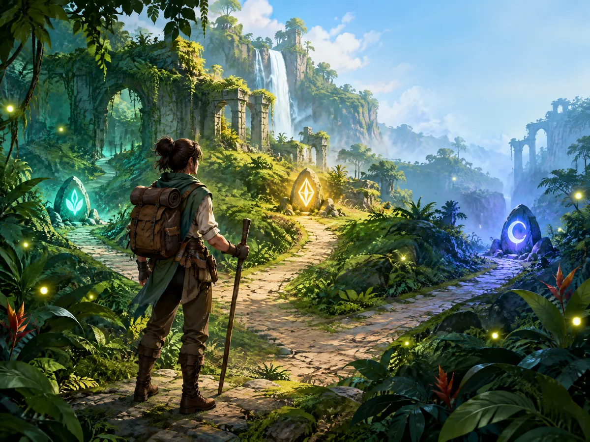 An adventurer choosing a route through lush tropical ruins
