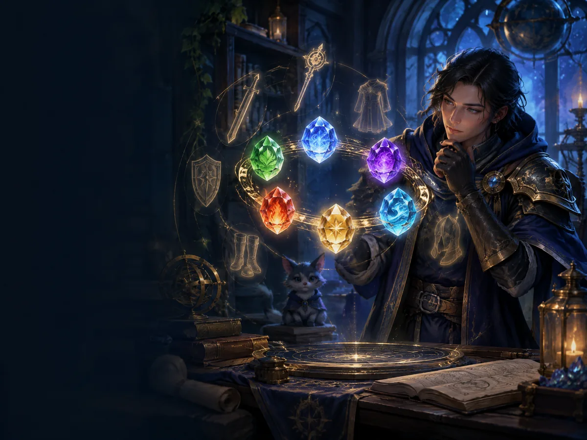 Fantasy adventurer studying a ring of glowing gemstones and equipment