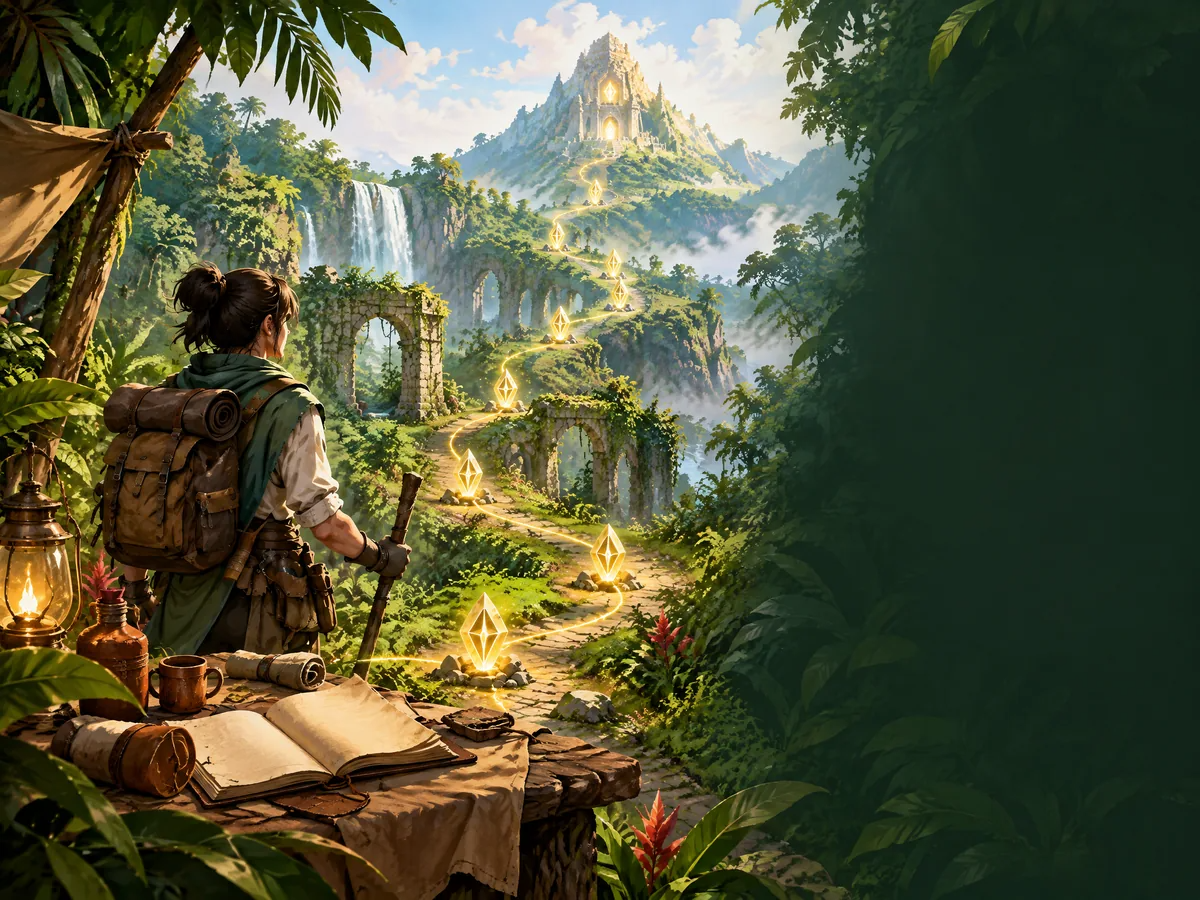 Fantasy traveler following glowing crystal waypoints through jungle ruins toward a mountain shrine