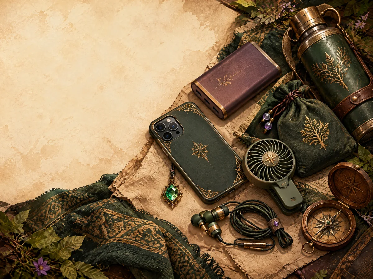 A mobile gaming field kit with smartphone, power bank, cooling fan, earphones and compass