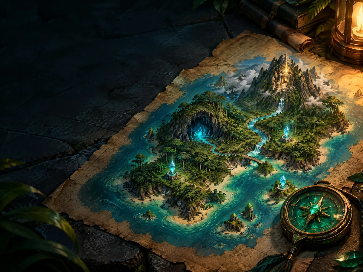A fantasy island quest map with crystal waypoints and an emerald compass