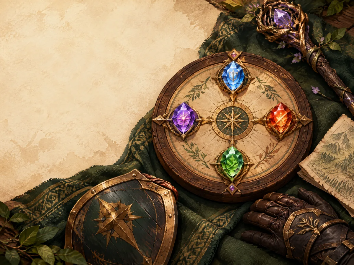 A tabletop role compass with four coloured gem markers and adventuring gear