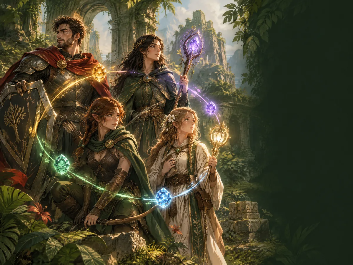 Four fantasy adventurers standing together in tropical ruins, linked by coloured gem light